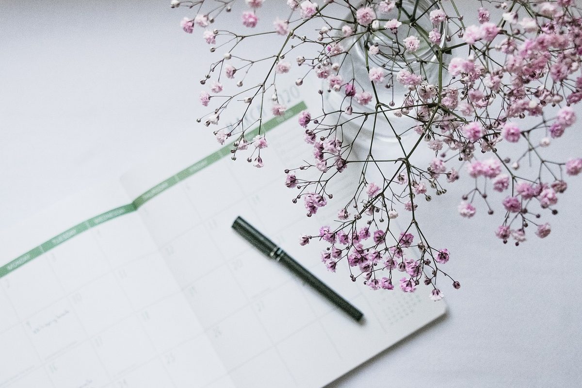 An open monthly planner and a pen beside a glass vase of pink baby's-breath